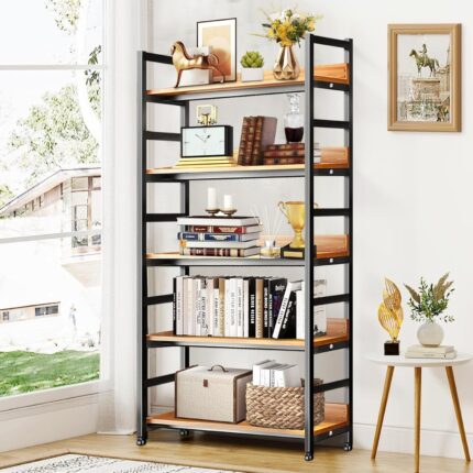 5 Tier Bookshelf Storage Organizer Display Wood & Metal Rustic Black Shelving Unit for Home, Office & Living Room 23.62"(W) x 11.8"(D) x 57.09"(H).
